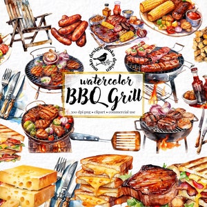 Watercolor Barbecue Clipart Set of 30, Bundle BBQ png, Grill Food Clipart, Picnic Clipart, Grill Transparent Grilled Steak Veggies BBQ Party