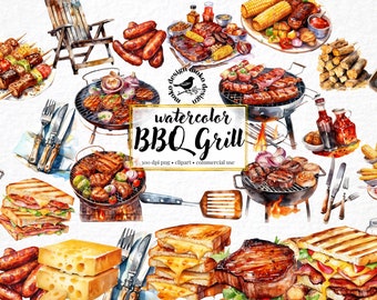 Watercolor Barbecue Clipart Set of 30, Bundle BBQ png, Grill Food Clipart, Picnic Clipart, Grill Transparent Grilled Steak Veggies BBQ Party