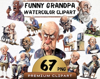 Funny Grandpa Watercolor Clipart, Caricature Old Man PNG (Digital Download)