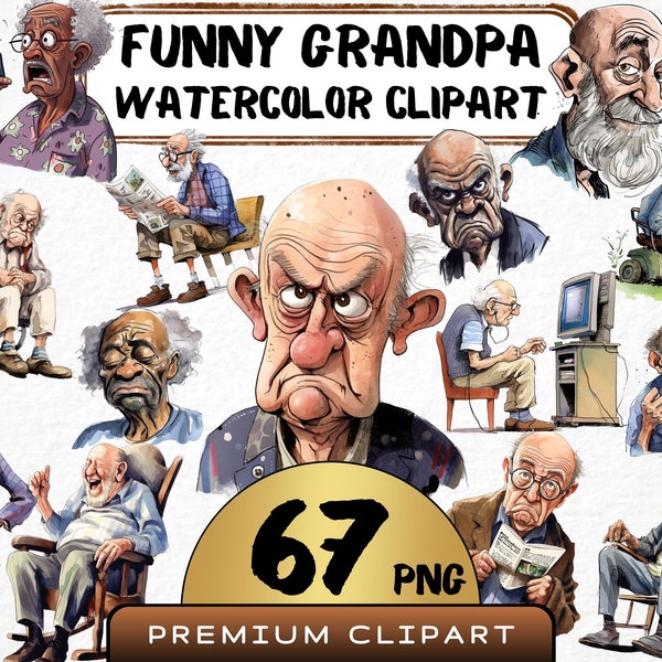 Clipart drôle de grand-père, 67 png, caricature de vieil homme, portrait de personne âgée aquarelle, arrière-grand-parent de dessin animé, art numérique, scrapbooking