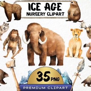 Clipart de animais da Era do Gelo em aquarela, conjunto de 35, viveiro de animais da neve, mamute, dente de sabre, preguiça png, arquivo digital para impressão, cartão de convite