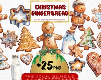 Watercolor Gingerbread Cookies Clipart, Christmas Sweets PNG (Set of 25) (Digital Download)