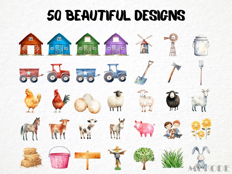 Cute Farm Animals Watercolor Clipart, Nursery Decor (50 PNG Digital ...