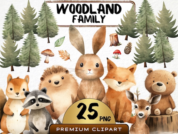 Cute Woodland Animal Clipart 25 Png, Watercolor Forest Animals Nursery, Digital Download, Bunny, Fox, Racoon, Reindeer png, Invitation Card
