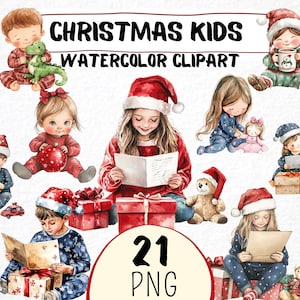 Akwarela Boże Narodzenie Dzieci Clipart 21 Png, Wigilia Prezenty Otwarcie, Santa Xmas Tree, Zaproszenie Karty Tworzenie, Komercyjne Wykorzystanie