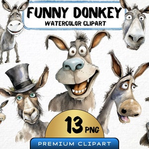 Funny Donkey Clipart 13 Png, Cute Caricature Pets, Quirky Donkey Watercolor, Cartoon Farm Animals, Digital Prints, Sticker png, Scrapbooking