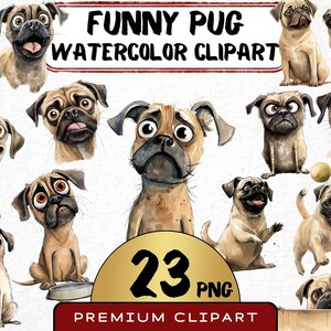 Clipart divertente di un carlino 23 PNG, caricature di animali domestici carini, acquerello di cuccioli, cane divertente, animali dei cartoni animati, stampe digitali, adesivi per scrapbooking