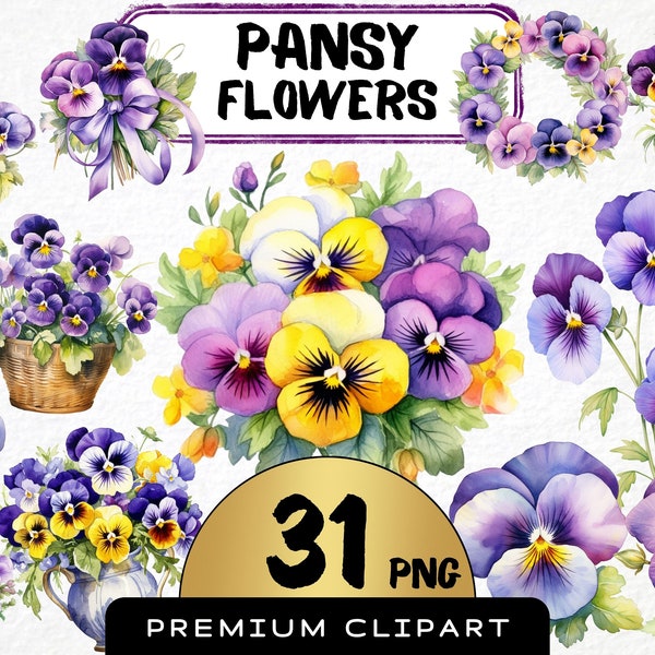 Pansy Flower Clipart, Set of 31, Watercolor Pansy art, Flower Bouquet, Spring Flower png, Clipart bundle, Pansy PNG Download, Digital art