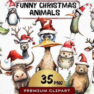 Lustige Weihnachtstiere Clipart 35 Png, festliche Karikatur Haustiere, Rentier mit roter Nase, Weihnachtsmütze Tiere, Digitaldrucke, Aufkleber, Scrapbooking