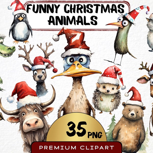 Funny Christmas Animals Clipart 35 Png, Festive Caricature Pets, Red Nose Reindeer, Santa Hat Animals, Digital Prints, Sticker, Scrapbooking