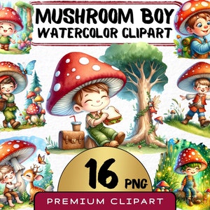 Süßer Pilz Junge Clipart 16 Png, Cartoon Märchencharakter Kunst, Verzauberte Wald Grafiken, Mystische Abenteuer Digitale Kunst, Kartenherstellung