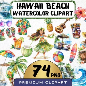 Hawajska Plaża Clipart 74 Png, Akwarela Wakacje Letnie, Tropikalna Plaża Wyspa, Maska Tiki, Hawajski Bar, Palma, Tworzenie Kartek, Sztuka Cyfrowa,