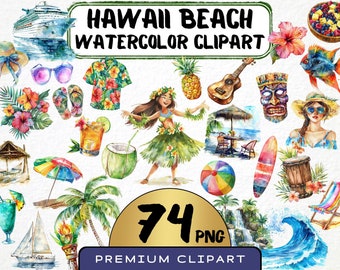Hawaii Beach Watercolor Clipart, Tropical Island Designs (74 PNG)