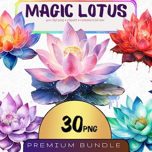 Clipart di fiori di loto magici, grafica di loto colorata, set di 30, png floreali, png di loto, sublimazione di fiori, png di ninfea, fioriture fantasy