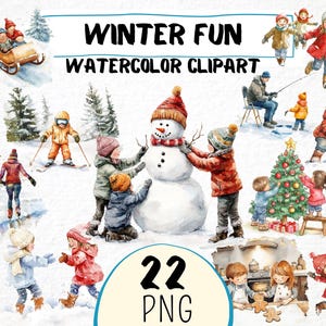 Clipart de diversão de inverno em aquarela 22 Png, crianças brincando na neve, árvore de Natal, crianças assando biscoitos, guerra de bolas de neve de boneco de neve, uso comercial
