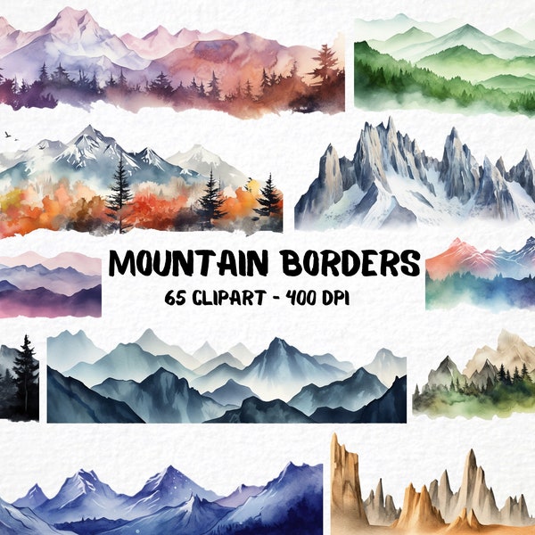 Watercolor Mountain Borders - 65 Clipart Bundle, DIY Nature Graphics, Scrapbooking Elements, Card Making Stationery Borders, Commercial Use