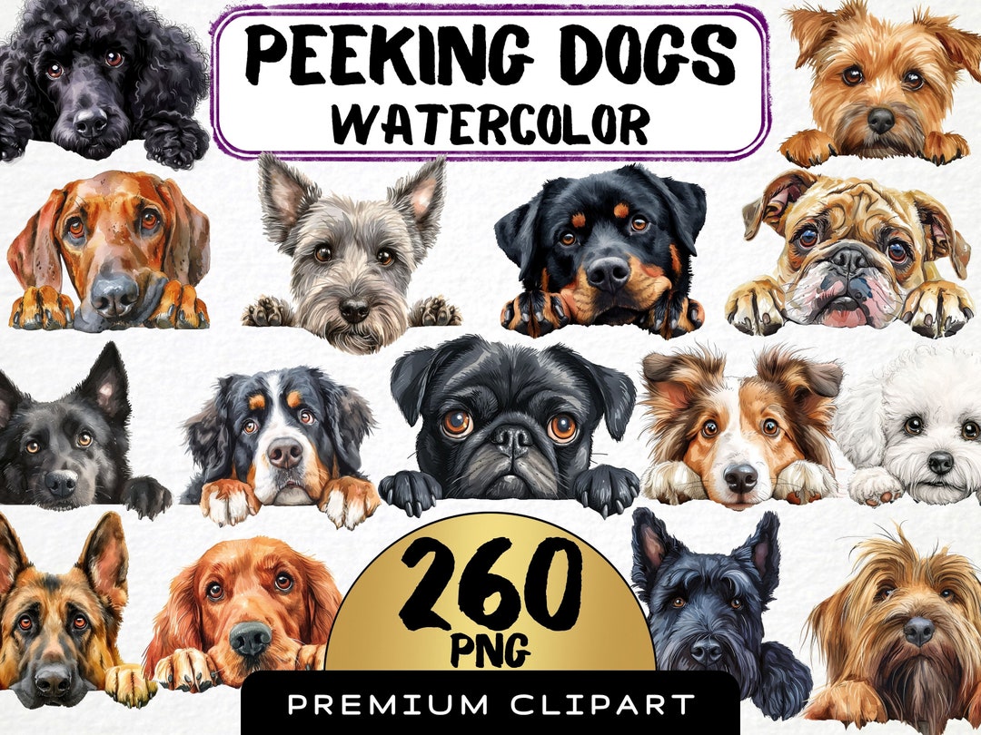 Peeking Dog Breed Clipart Bundle, Set of 260, Watercolor Dog Png, Dog ...