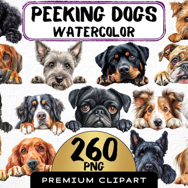 Peeking Dog Breed Clipart Bundle, Set of 260, Watercolor Dog png, Dog Portrait, Cute Dog Face Illustration, Tranpsarent png, Digital art