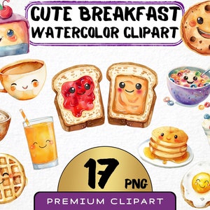 Clipart di colazione carina ad acquerello 17 Png, grafica di dolci, clipart di toast, pancake kawaii, stampe digitali, cibo in gelatina, uso commerciale