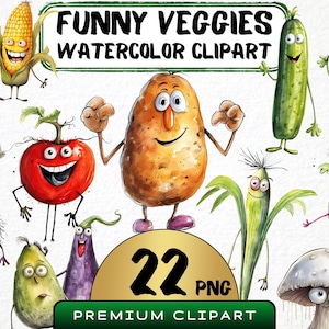 Aquarell lustige Gemüse Charaktere Clipart, 22 Png, Kinderzimmer niedliche Charaktere, Scrapbooking, Veggie Clipart, lustige Illustration Kartenherstellung