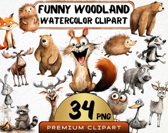 Clipart divertenti di animali del bosco 34 PNG, caricatura carina di un cervo, acquerello di animali del bosco, illustrazione di cartoni animati, stampe digitali, diario spazzatura