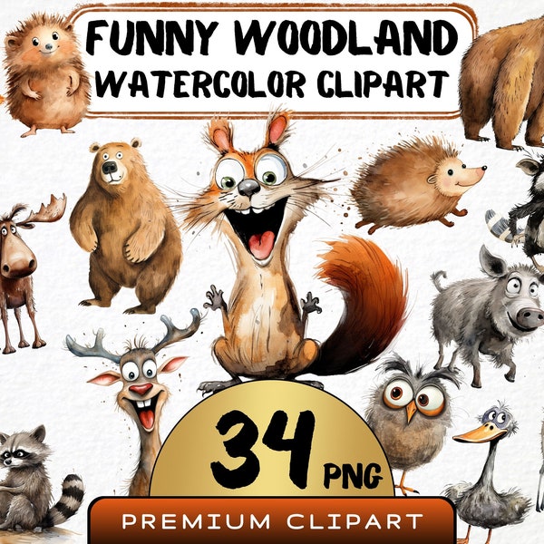 Funny Woodland Animals Clipart 34 Png, Cute Caricature Deer, Forest Animal Watercolor, Cartoon Illustration, Digital Prints, Junk Journal
