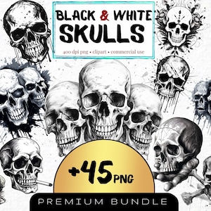 Aquarelle noir & blanc tête de mort Halloween tête de mort Clip Art PNG, lot de 45, clipart gothique, clipart fantastique, mort des cliparts, tête de mort Png horreur Png