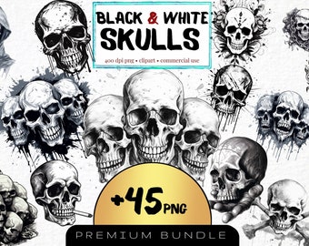 Watercolor Skull Clipart, Black & White Gothic Fantasy PNG (Set of 45)