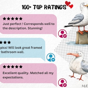 May include: Three five-star reviews for a product with the text "100+ TOP RATINGS" at the top. The reviews are in speech bubbles with a person icon next to each. The first review says "Just perfect! Corresponds well to the description. Stunning!" The second review says "Great pics! Will look great framed on my bathroom wall." The third review says "Excellent quality. Matched all my expectations."