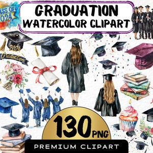 Clipart de graduación 115 PNG, Gráficos de ceremonia de graduación, Birretes de graduación, Creación de tarjetas de acuarela para graduados universitarios de 2024, Arte digital