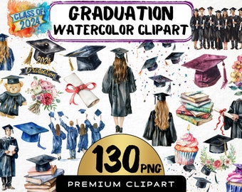 Graduation Clipart 115 Png, Graduation Ceremony Graphics, Graduation Caps, Watercolor University Grad of 2024 Card Making, Digital Art,