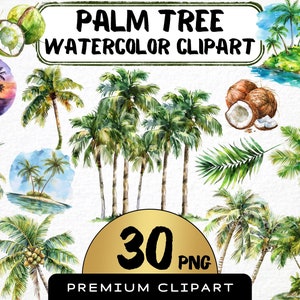 Palmera en acuarela (30 imágenes PNG), isla tropical, hoja de palma, impresiones digitales de verano, uso comercial, creación de tarjetas, descarga instantánea
