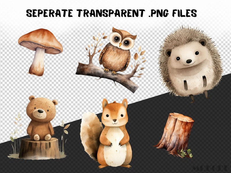 woodland animals, nursery clipart, watercolor illustration, kids decor, digital art, instant download, forest creatures, baby shower, woodland theme, graphic design, PNG files, nature-inspired art, whimsical animals, printable art