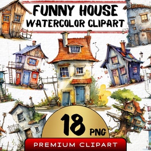 Lustiges Haus Clipart 18 Png, niedliche Karikatur Hütte, Baumhaus Aquarell, Wohnung Cartoon, Stadt Png, digitale Kunst, Scrapbooking, Junk Journal
