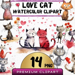 Süße Liebe Katze Clipart 14 Png, lustige Karikatur Katze, Valentinstag Kitty Aquarell, Dumme Tier Illustration, Digitaldruck, Pet Junk Journal