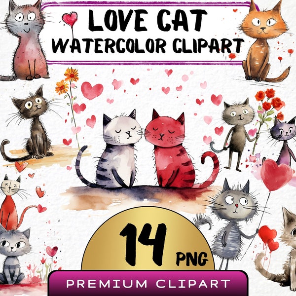 Cute Love Cat Clipart 14 Png, Funny Caricature Cat, Valentine's Kitty Watercolor, Silly Animal Illustration, Digital Print, Pet Junk Journal