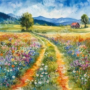 10 hochwertige Aquarell Frühlingsfelder Designs Png, Blumenwiese Illustration, Journaling, Wandkunst, digitaler Download, kommerzielle Nutzung