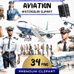 水彩画の航空クリップアート - 34 PNG、商用飛行機 PNG、フライト クルーのグラフィック、旅行用クラフト素材、デジタル プリント、パイロット PNG