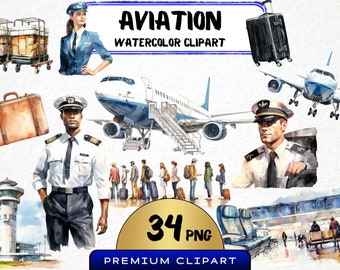 Watercolor Aviation Clipart – Flight Crew, Airplane PNG (34 Files)