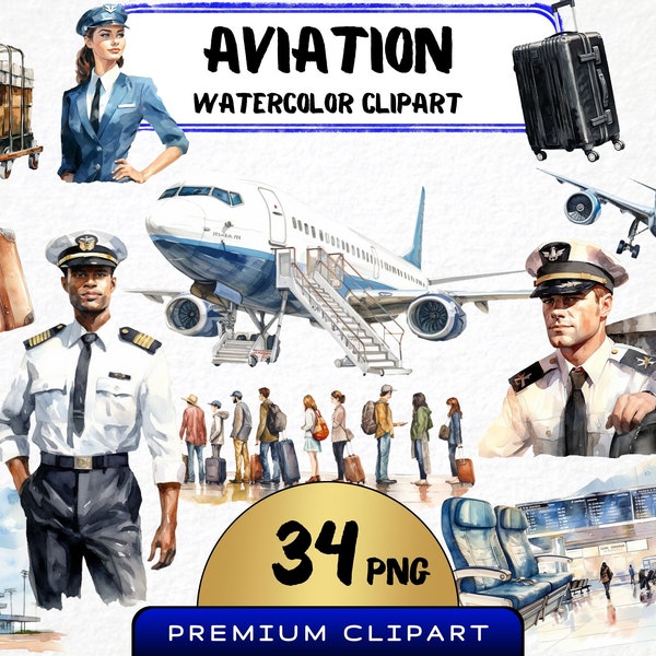 Watercolor Aviation Clipart - 34 Png, Commercial Airplane Png, Flight Crew Graphics, Travelling Crafting Material, Digital Prints, Pilot Png