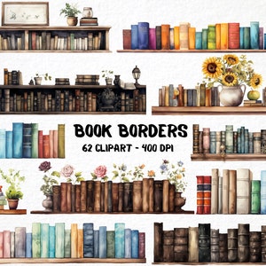 Watercolor Book Borders - 62 Clipart Bundle, DIY Library Graphics, Scrapbooking Elements, Card Making Stationery Borders Png, Commercial Use