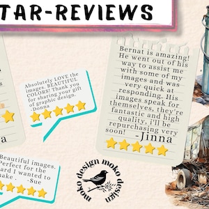 May include: Five customer reviews with five stars each, praising the quality of the art work and the artist's responsiveness. The reviews are written on white paper with a black pen and are surrounded by a colorful background.