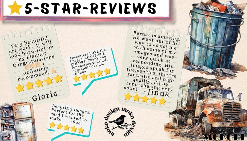 May include: Five customer reviews with five stars each, praising the quality of the art work and the artist's responsiveness. The reviews are written on white paper with a black pen and are surrounded by a colorful background.