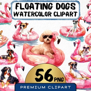 Floating Dogs Clipart 56 Png, Floating Flamingo Pool Toy Graphics, Summer Dog Beach Fun, Puppy in Sunglasses, Sun, Card Making, Digital Art,