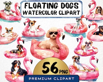 Floating Dogs Clipart 56 Png, Floating Flamingo Pool Toy Graphics, Summer Dog Beach Fun, Puppy in Sunglasses, Sun, Card Making, Digital Art,