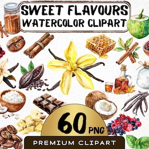 Acuarela de sabores dulces (60 imágenes PNG), vainilla, chocolate, especias y hierbas para scrapbooking, impresiones digitales, uso comercial