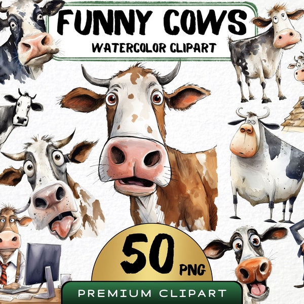 Clipart vache drôle 50 png, caricatures mignonnes d'animaux de la ferme, aquarelle de bovins, portrait de vache, animaux de dessins animés, impressions numériques, scrapbooking