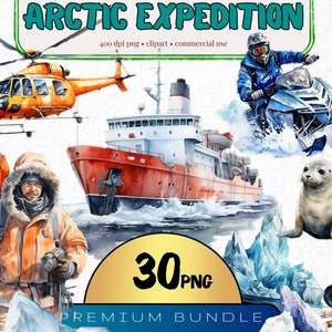 Arctic Expedition Clipart, Set of 30, Antartica Adventure, Polar Bear Png, Glacier Png Arctic Scientist Exploration Ice-Breaker Ship Clipart