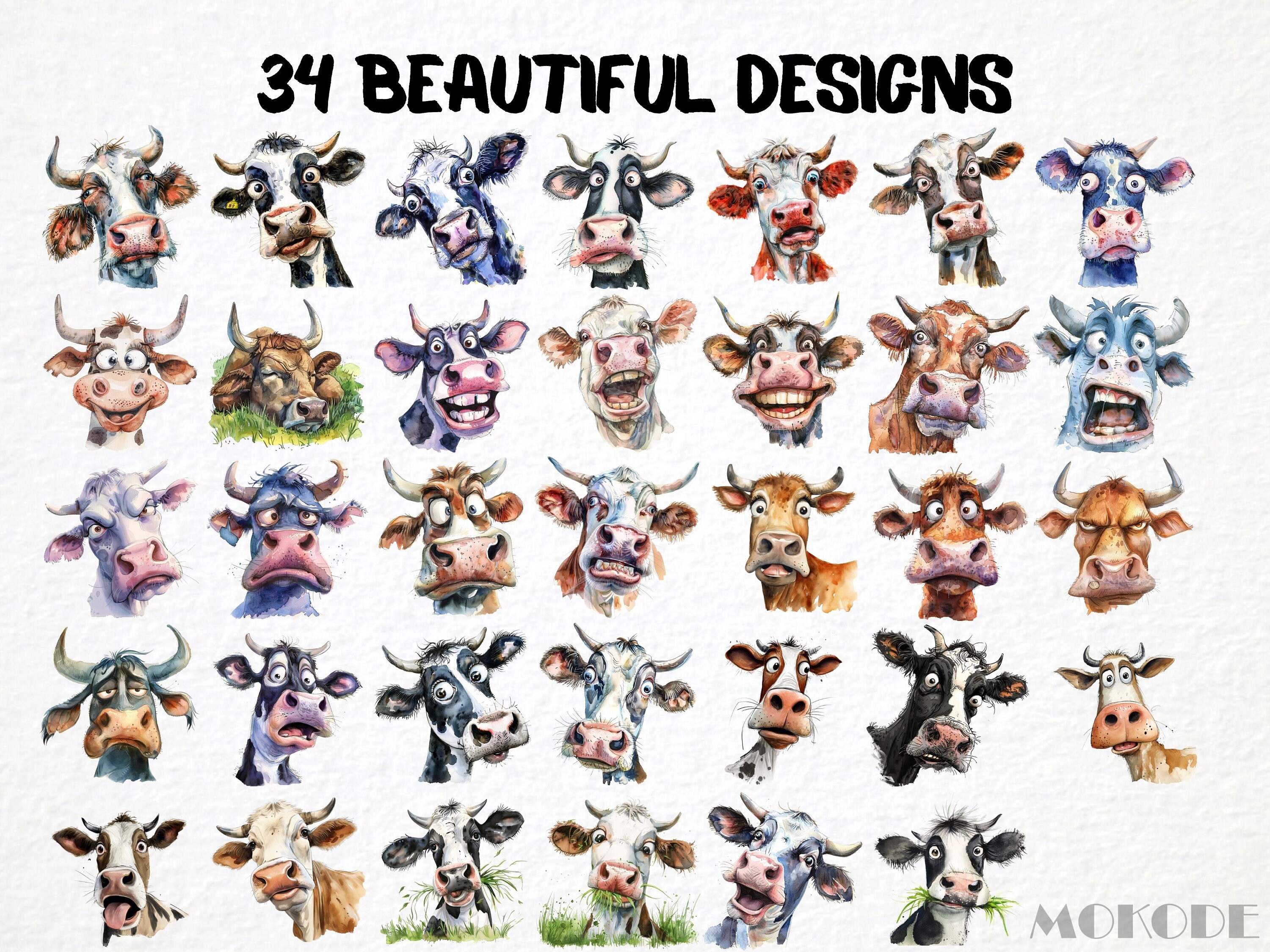 面白い牛の顔のクリップアート 34 PNG、かわいい牛の似顔絵、風変わり