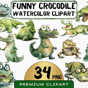 Lustiges Krokodil Clipart 34 Png, niedliche Karikatur Afrika Tiere Kunst, schrulliges Safari Aquarell, Cartoon Alligator, Digitaldruck Scrapbooking